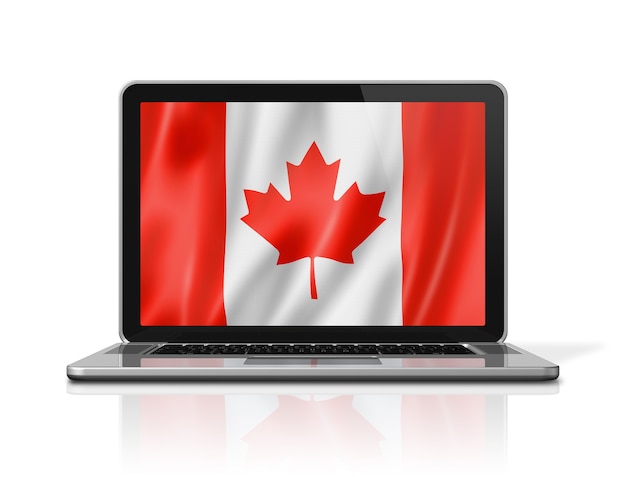 Bandiera del Canada sullo schermo del computer portatile isolato su bianco. Rendering di illustrazione 3D.