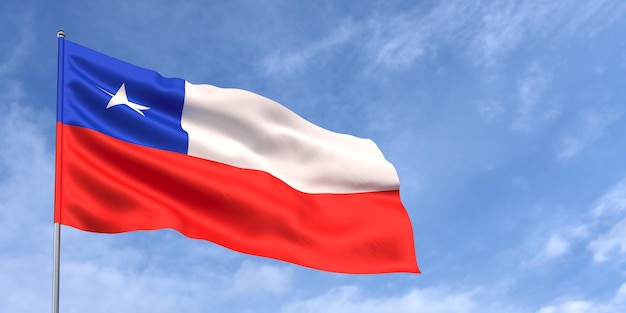 Bandiera del Cile sul pennone sullo sfondo del cielo blu Bandiera cilena che sventola nel vento su uno sfondo di cielo con nuvole Posto per testo illustrazione 3d