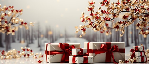 Bandiera del contenitore di regalo di natale contro la cartolina d'auguri di festa del fondo del bokeh