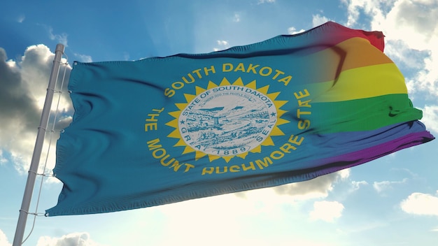 Bandiera del Dakota del Sud e LGBT. Bandiera mista del Dakota del Sud e LGBT che sventola nel vento. rendering 3d