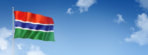 Bandiera del Gambia rendering tridimensionale isolato su un cielo blu Illustrazione 3D banner orizzontale