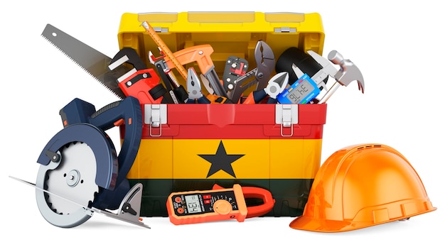 Bandiera del Ghana dipinta sulla scatola degli attrezzi Servizio di riparazione e costruzione in Ghana concetto rendering 3D isolato su sfondo bianco