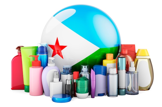 Bandiera del Gibuti con flaconi per la cosmetica Rendering 3D di prodotti per la cura della pelle del viso e del corpo dei capelli