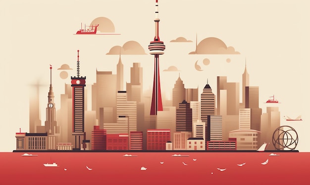 Bandiera del giorno del Canada con sfondo bandiera e palloncino con skyline della città Ai Generated