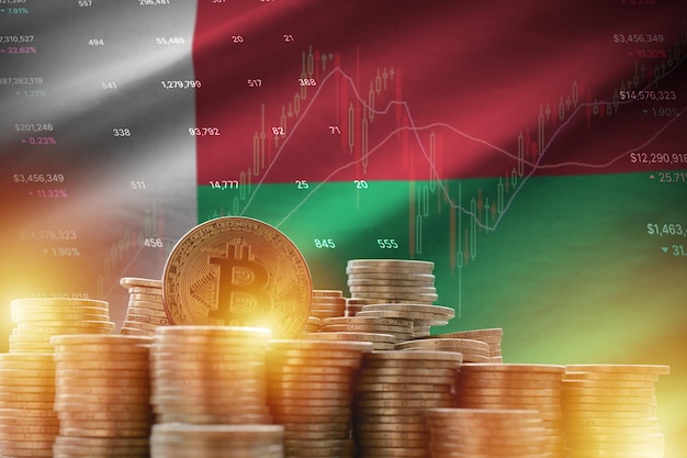 Bandiera del Madagascar e grande quantità di monete bitcoin dorate e grafico della piattaforma di trading Valuta crittografica