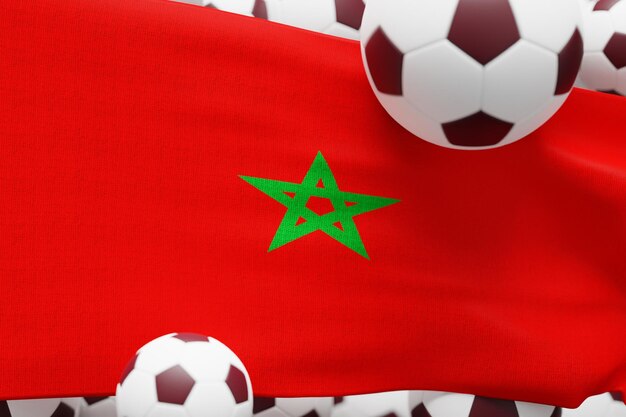 Bandiera del Marocco con palla World Football 2022 Illustrazione di rendering 3D minimo