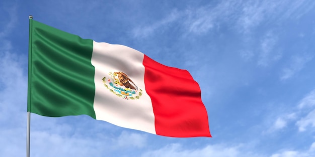 Bandiera del Messico sull'asta della bandiera sullo sfondo del cielo blu Bandiera messicana che sventola nel vento su uno sfondo di cielo con nuvole bianche Posto per l'illustrazione 3d del testo