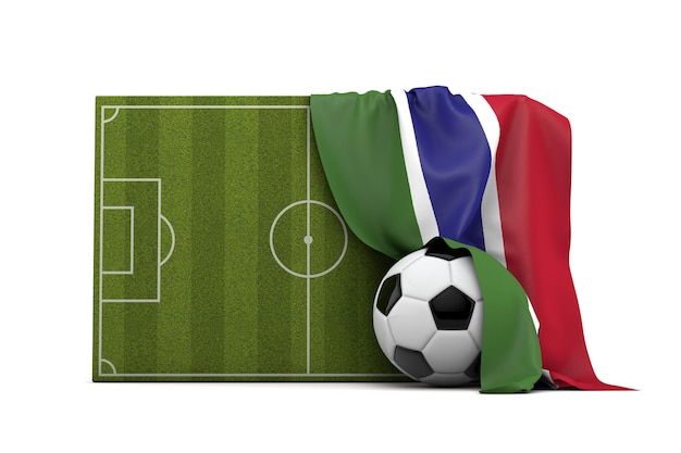 Bandiera del paese del Gambia drappeggiata su un campo da calcio e palla Rendering 3D