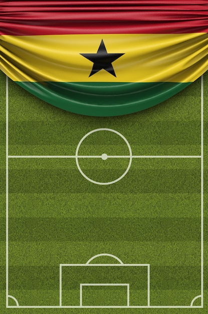 Bandiera del paese del Ghana drappeggiata su un campo da calcio Rendering 3D