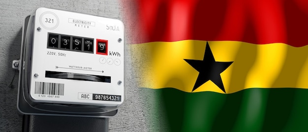 Bandiera del paese del Ghana e illustrazione 3D del misuratore di energia