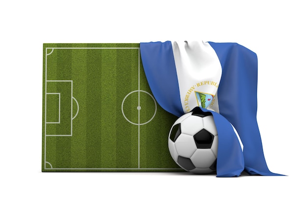 Bandiera del paese del Nicaragua drappeggiata su un campo da calcio e palla Rendering 3D
