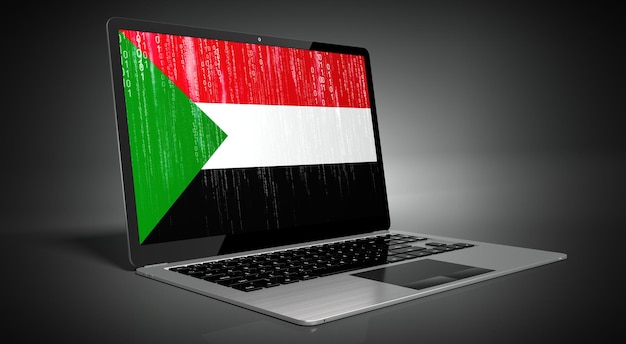 Bandiera del paese del Sudan e codice binario sull'illustrazione 3D dello schermo del laptop