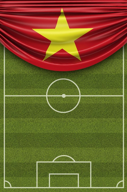 Bandiera del paese del Vietnam drappeggiata su un campo da calcio Rendering 3D
