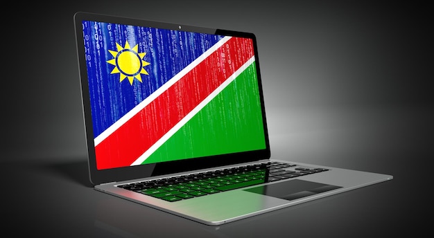 Bandiera del paese della Namibia e codice binario sull'illustrazione 3D dello schermo del laptop