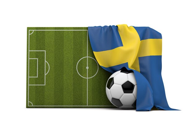 Bandiera del paese della Svezia drappeggiata su un campo da calcio e palla Rendering 3D