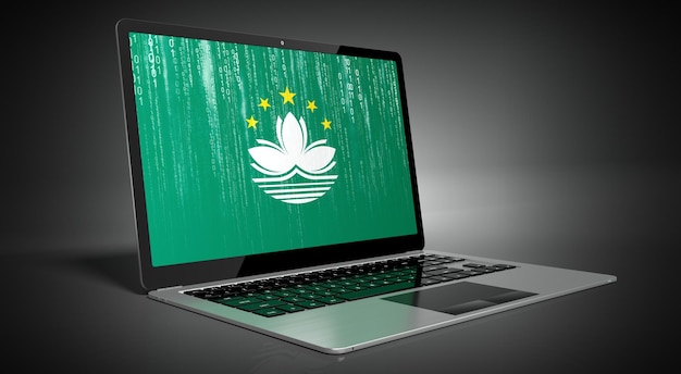 Bandiera del paese di Macau e codice binario sull'illustrazione 3D dello schermo del laptop