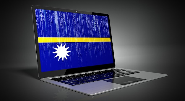 Bandiera del paese di Nauru e codice binario sull'illustrazione 3D dello schermo del computer portatile