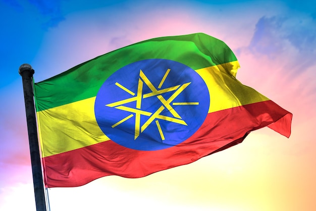 bandiera del paese etiopia, bandiera 3d e sfondo a colori.