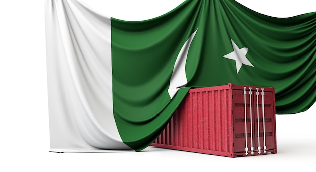 Bandiera del Pakistan drappeggiata su un container di spedizione commerciale commerciale d rendering