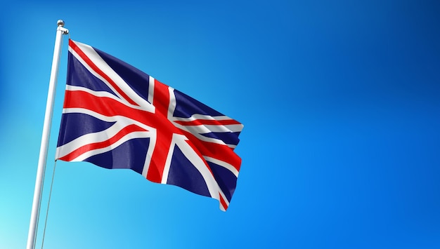 Bandiera del Regno Unito che vola su sfondo blu cielo Rendering 3D