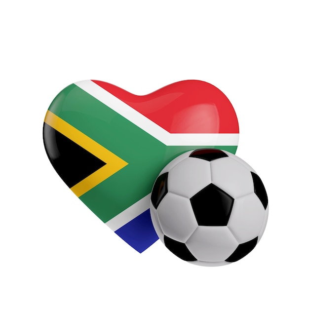 Bandiera del Sud Africa a forma di cuore con un pallone da calcio Rendering 3D di calcio d'amore