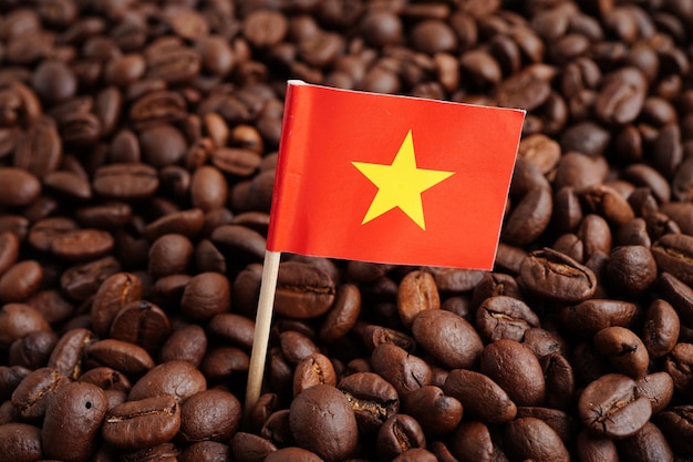 Bandiera del Vietnam sui chicchi di caffè che acquistano online per l'esportazione o l'importazione di prodotti alimentari