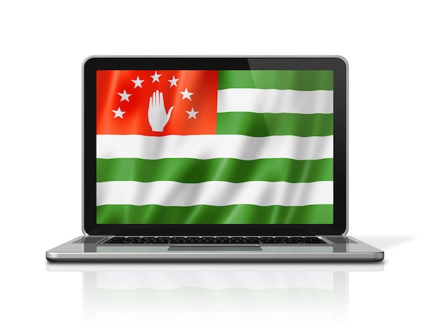 Bandiera dell'Abkhazia sullo schermo del laptop isolato su bianco. Rendering di illustrazione 3D.