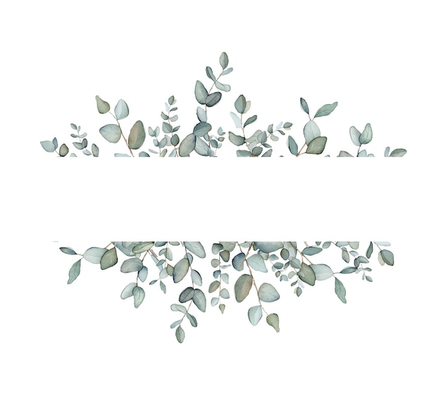 Bandiera dell'acquerello con rami di foglie di eucalipto verdeAcquerello eucalipto in bouquet per matrimonio Elemento decorativo per biglietto di auguri Illustrazione