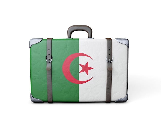 Bandiera dell'Algeria su una valigia in pelle vintage Rendering 3D