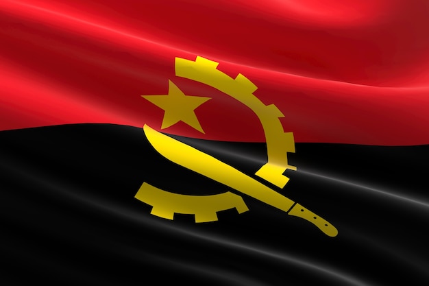 Bandiera dell'Angola. Illustrazione 3d dell'ondeggiamento della bandiera angolana.