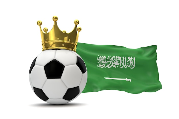 Bandiera dell'Arabia Saudita e pallone da calcio con corona d'oro Rendering 3D