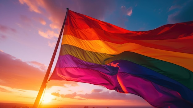 Bandiera dell'arcobaleno LGBT al tramonto