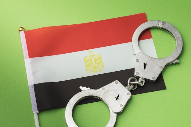 Bandiera dell'Egitto e manette su sfondo verde, concetto di criminalità egiziana