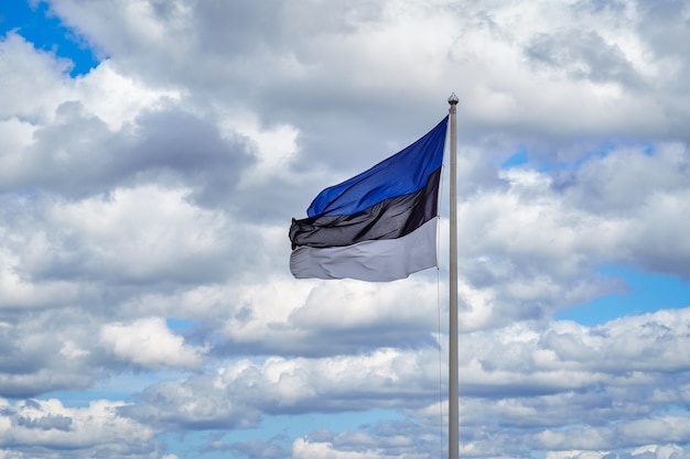 Bandiera dell'Estonia sullo sfondo del cielo azzurro e nuvole bianche.