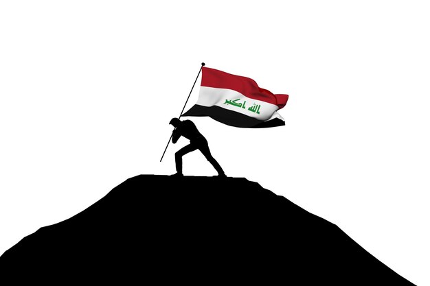 Bandiera dell'Iraq che viene spinta in cima alla montagna da un rendering 3D di silhouette maschile