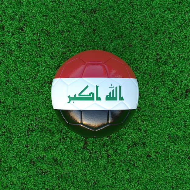 Bandiera dell'Iraq sul pallone da calcio con sfondo in erba