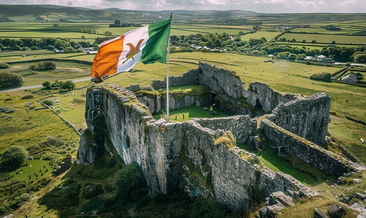 Bandiera dell'Irlanda con paesaggio speciale dell'Irlanda
