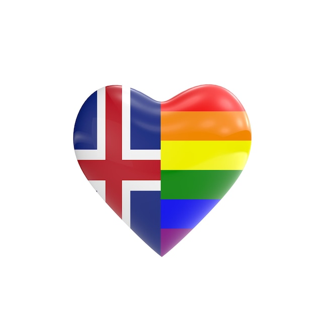 Bandiera dell'Islanda e bandiera arcobaleno gay LGBT a forma di cuore Concetto di diritti gay Rendering 3D