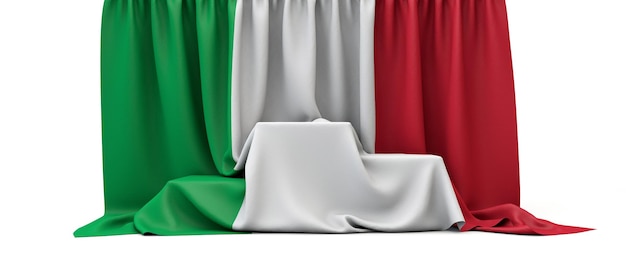 Bandiera dell'Italia drappeggiata su un podio dei vincitori della competizione d rendering