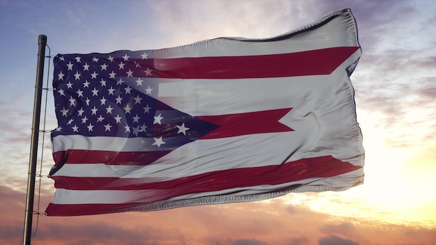 Bandiera dell'Ohio e degli Stati Uniti sul pennone. Bandiera mista USA e Ohio che fluttua nel vento