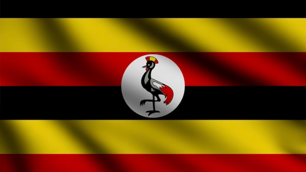 Bandiera dell'Uganda che fluttua nel vento con sfondo in stile 3d