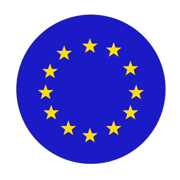 Bandiera dell'Unione europea, icona rotonda. I colori ufficiali sono corretti. Anello cerchio di stelle in oro giallo su sfondo blu. Simbolo dell'UE. Bandiera dell'Europa, icona dell'UE.