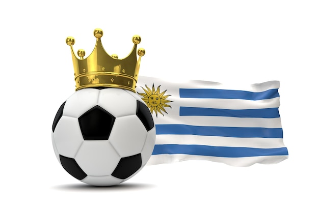 Bandiera dell'Uruguay e pallone da calcio con corona d'oro Rendering 3D