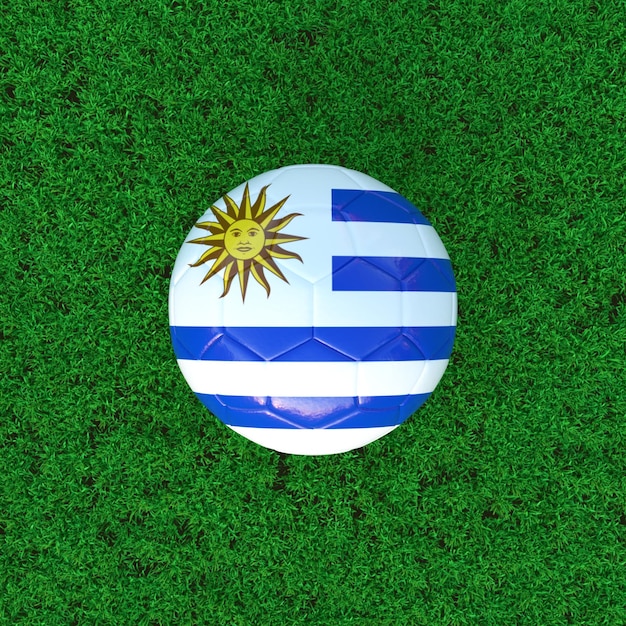 Bandiera dell'Uruguay sul pallone da calcio con sfondo in erba