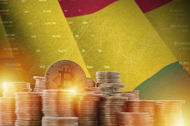 Bandiera della Bolivia e grande quantità di monete bitcoin dorate e grafico della piattaforma di trading Valuta crittografica