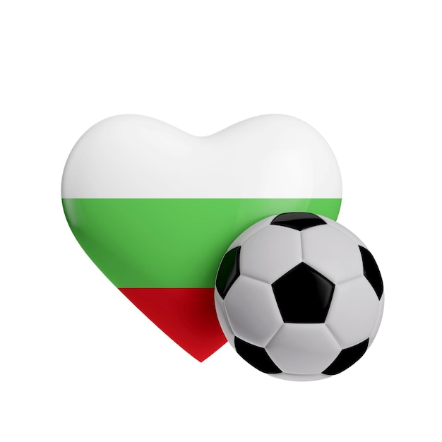 Bandiera della Bulgaria a forma di cuore con un pallone da calcio Rendering 3D di calcio d'amore