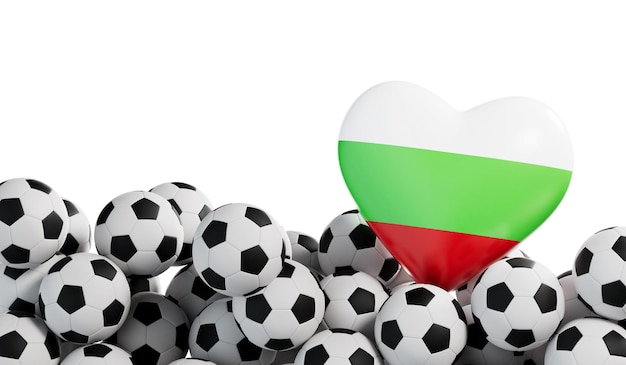 Bandiera della Bulgaria cuore con uno sfondo di pallone da calcio Banner di calcio rendering 3D