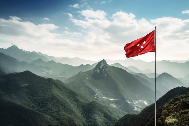 Bandiera della Cina che vola nel cielo di montagna