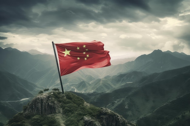 Bandiera della Cina che vola nel cielo di montagna