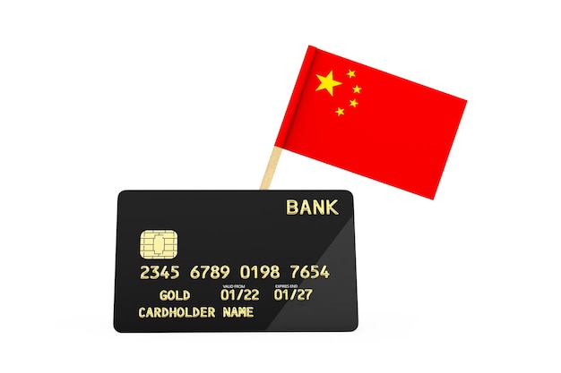 Bandiera della Cina e carta di credito dorata in plastica nera con chip su sfondo bianco rendering 3d